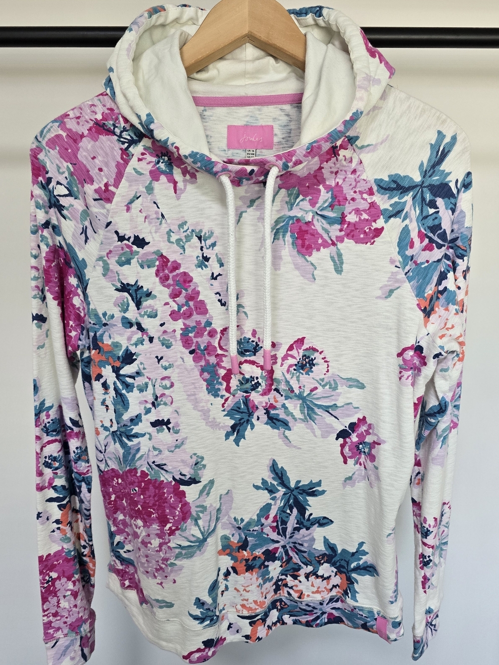 Joules White Hooded Floral Pullover with Pink & Teal Print